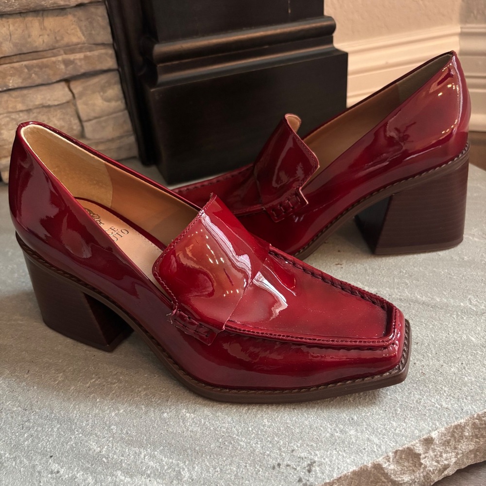 Vince Camuto Patent Red Leather  Segellis Block-Heel Tailored Loafers  Size 7